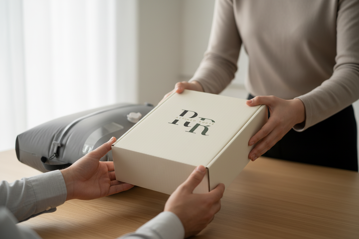 Person handing over Refined Route branded box
